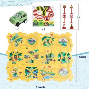LovesTown 25PCS Dinosaur Puzzle Track Car Play Set, Plastic Dinosaur Puzzles